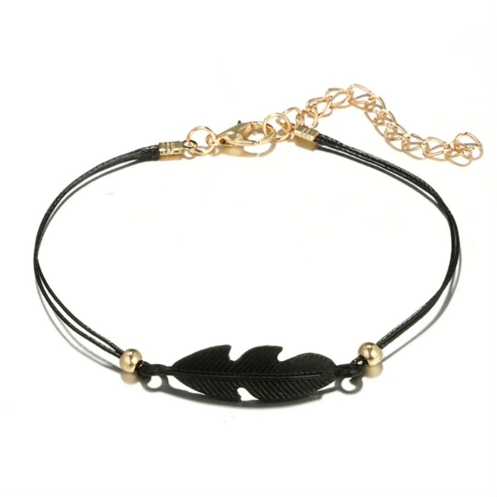 4pc Black & Gold Charm Layering Bracelets Feather Lotus Flower Heart Bead - Picture 5 of 13